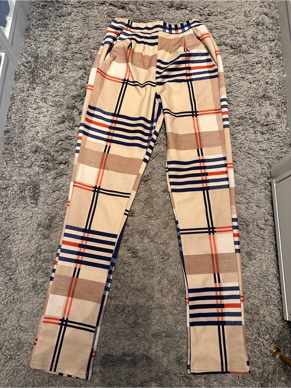 Women’s Beige Plaid Stretch Leggings with Navy & Orange Accents